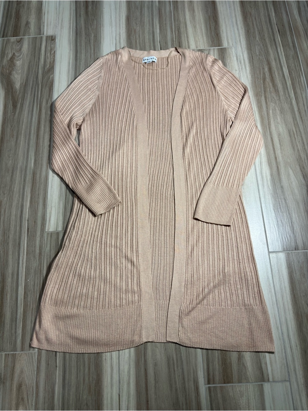 Ava&Viv Long Open-Front Ribbed Cardigan Sweater in Khaki
